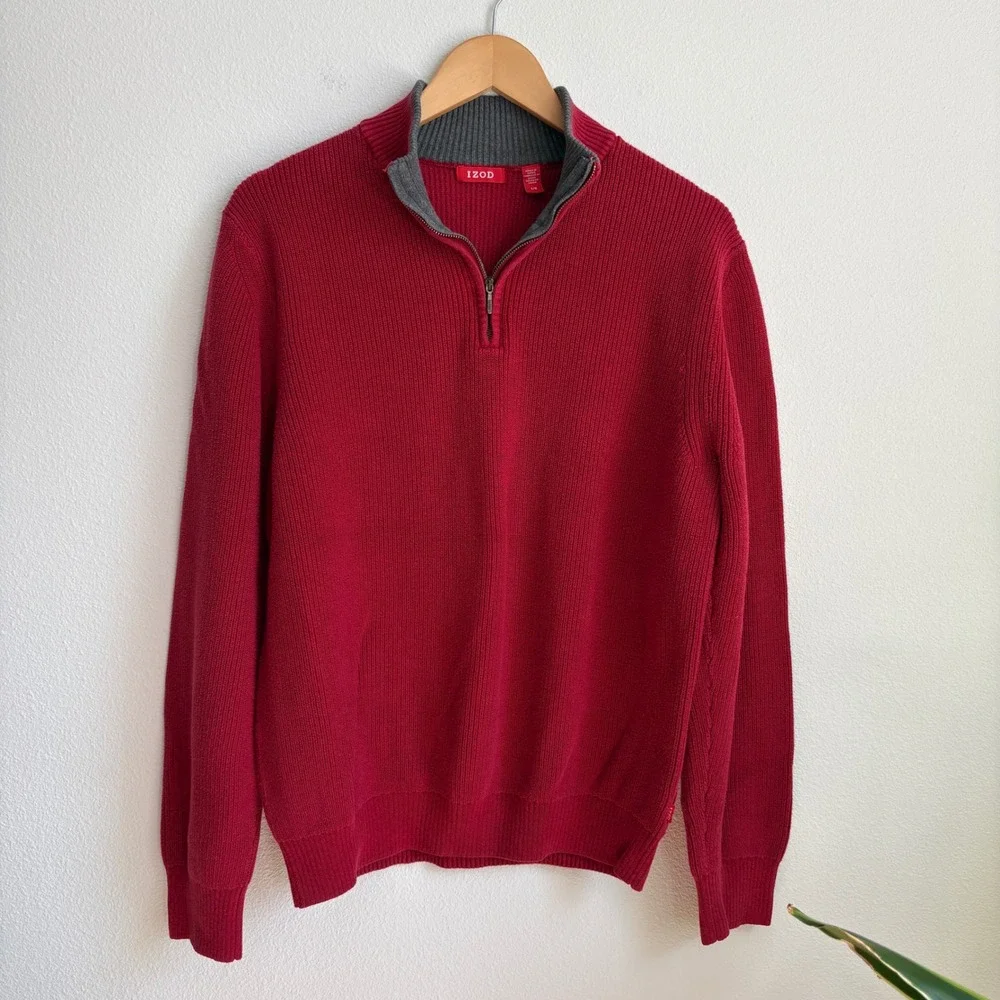 IZOD Mens Red Ribbed Quarter Zip Pullover Sweater Grey Trim Large L Classic